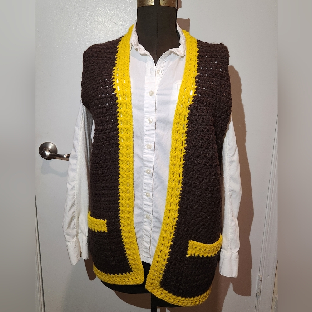 Retro 1970s Crochet Mod Brown and Yellow Vest With Pockets Retro Crochet